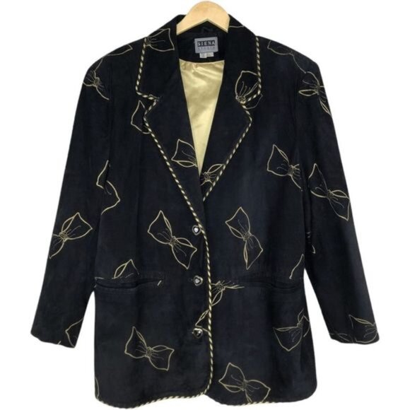 90’s Vintage Black Leather Bow Print Crystal Heart Button Blazer Jacket - Picture 1 of 13